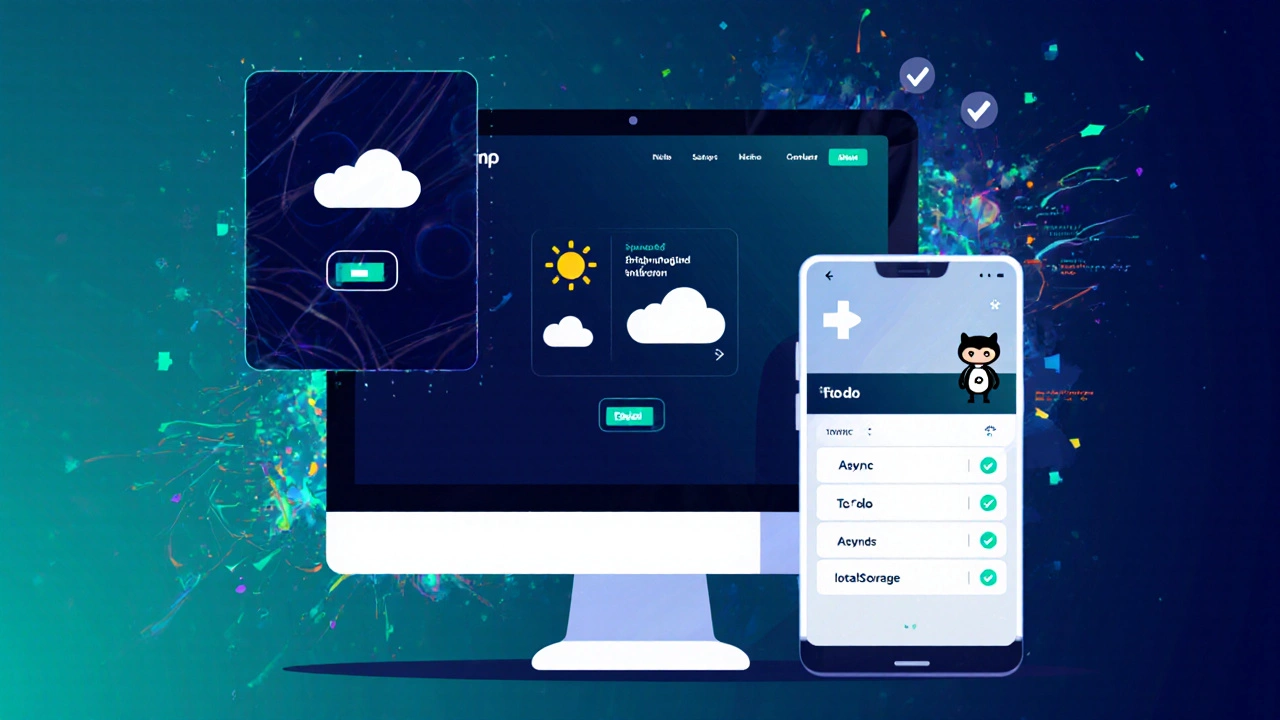 A multi-device portfolio preview showing a dark-mode site, weather widget, and to-do app.