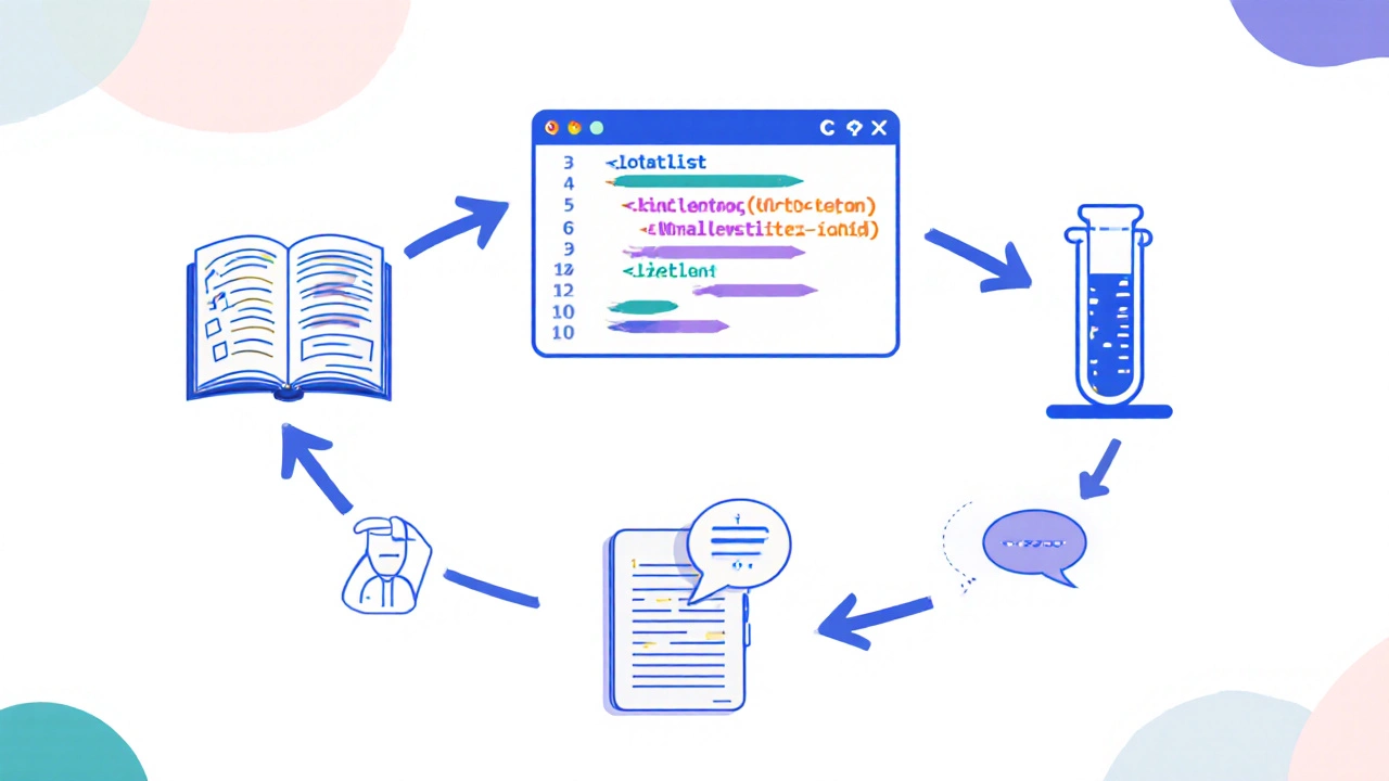 A visual loop of learning steps: reading, coding, testing, documenting, and receiving feedback.