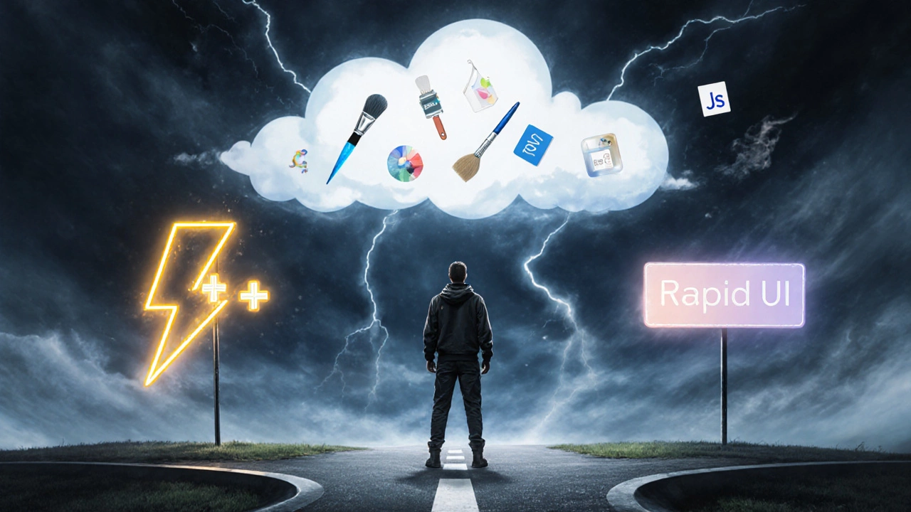 Concept art of a developer at a forked path choosing between performance C++ and rapid UI options.