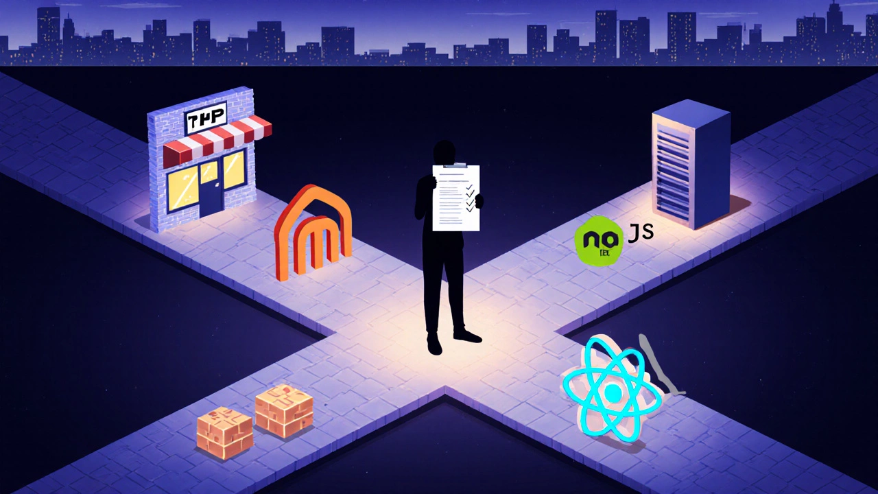 Crossroads illustration contrasting PHP CMS icons on one side with JavaScript React and Node.js icons on the other.
