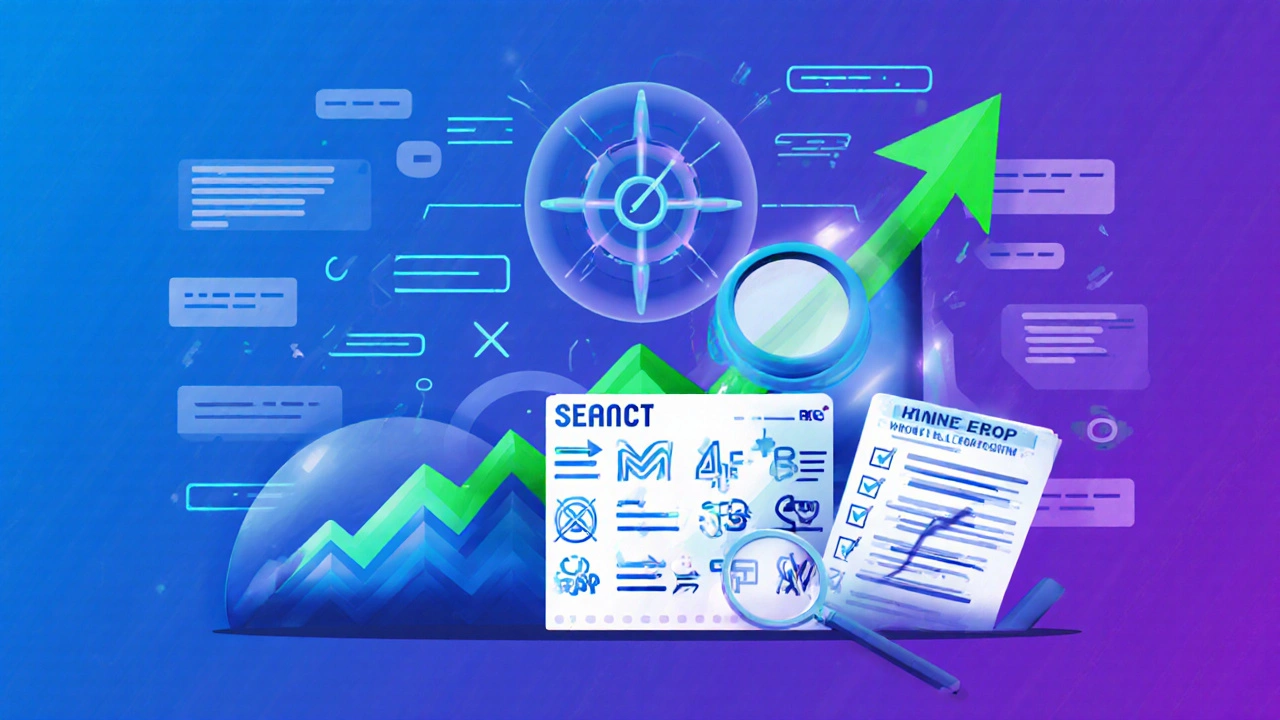 Dashboard with rising graph, magnifying glass over phrase icons, and checklist ticks.