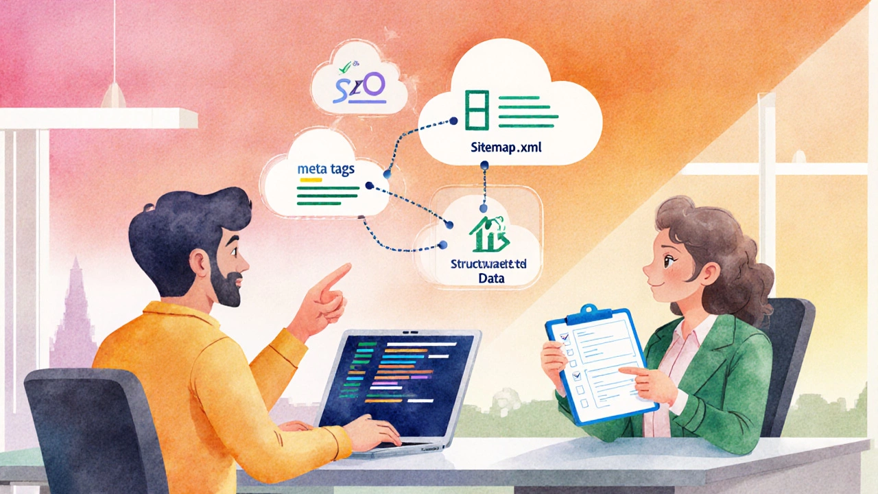 Developer and SEO specialist collaborating over code and keyword checklist in a watercolor office.