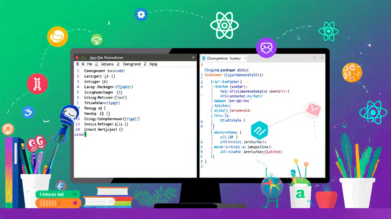 Developer desk with Composer installing Laravel on left and npm creating React app on right.