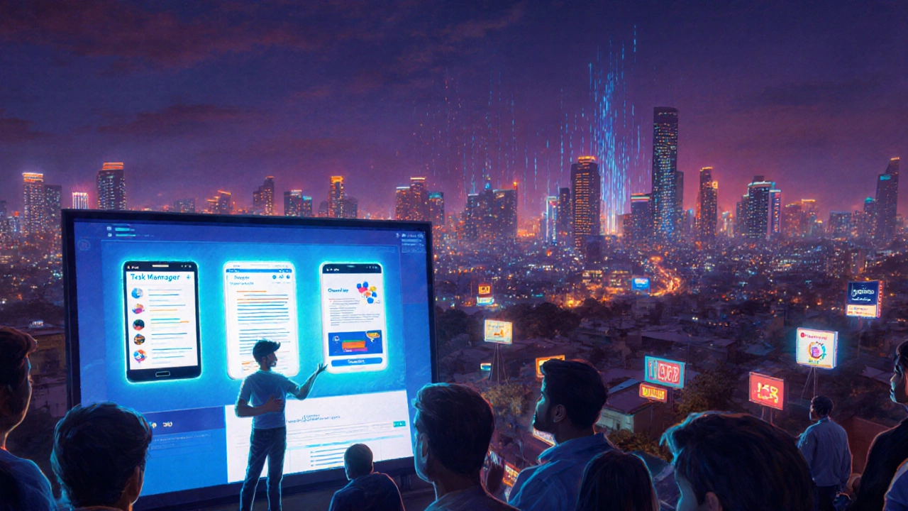 Developer showcasing three portfolio projects at a tech meetup with city skyline at dusk.