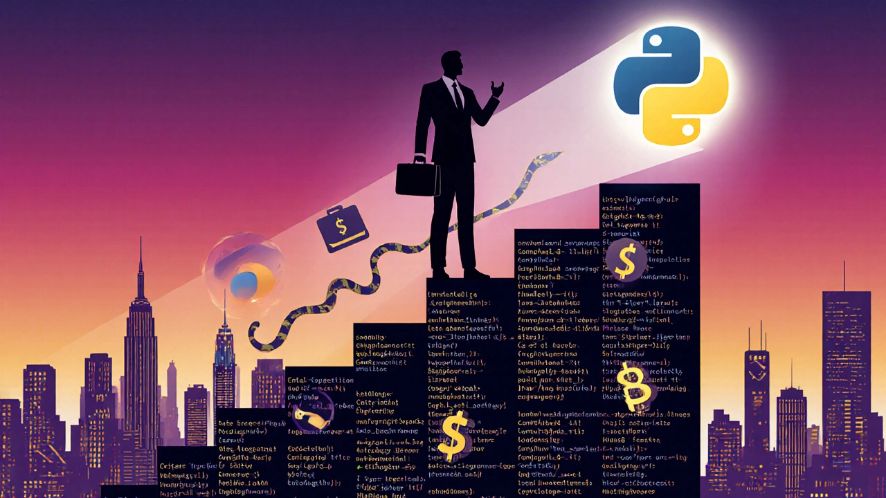 Developer standing on a rising graph of code, dollar signs, and a Python logo.