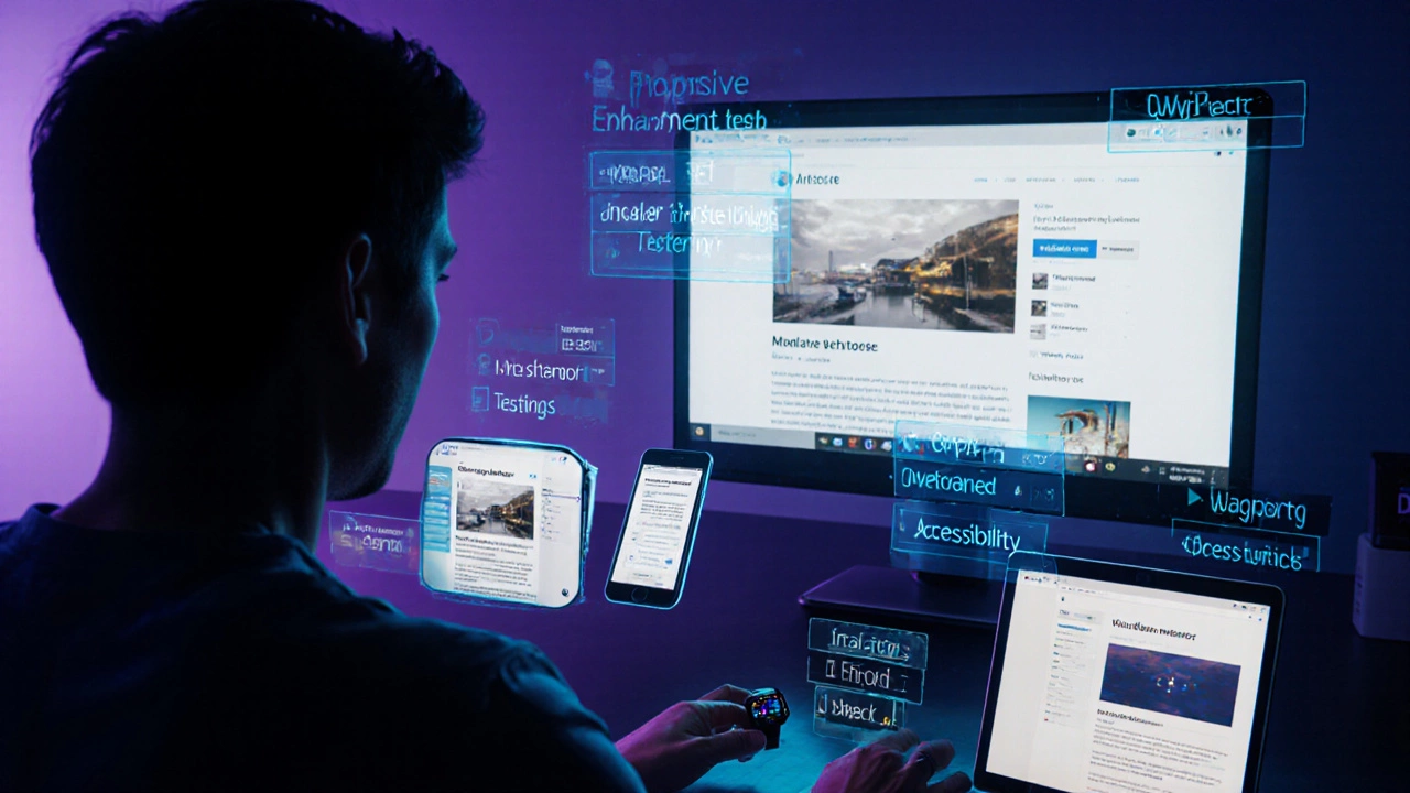 Developer testing a responsive site on multiple devices with holographic UI showing enhancements and accessibility.
