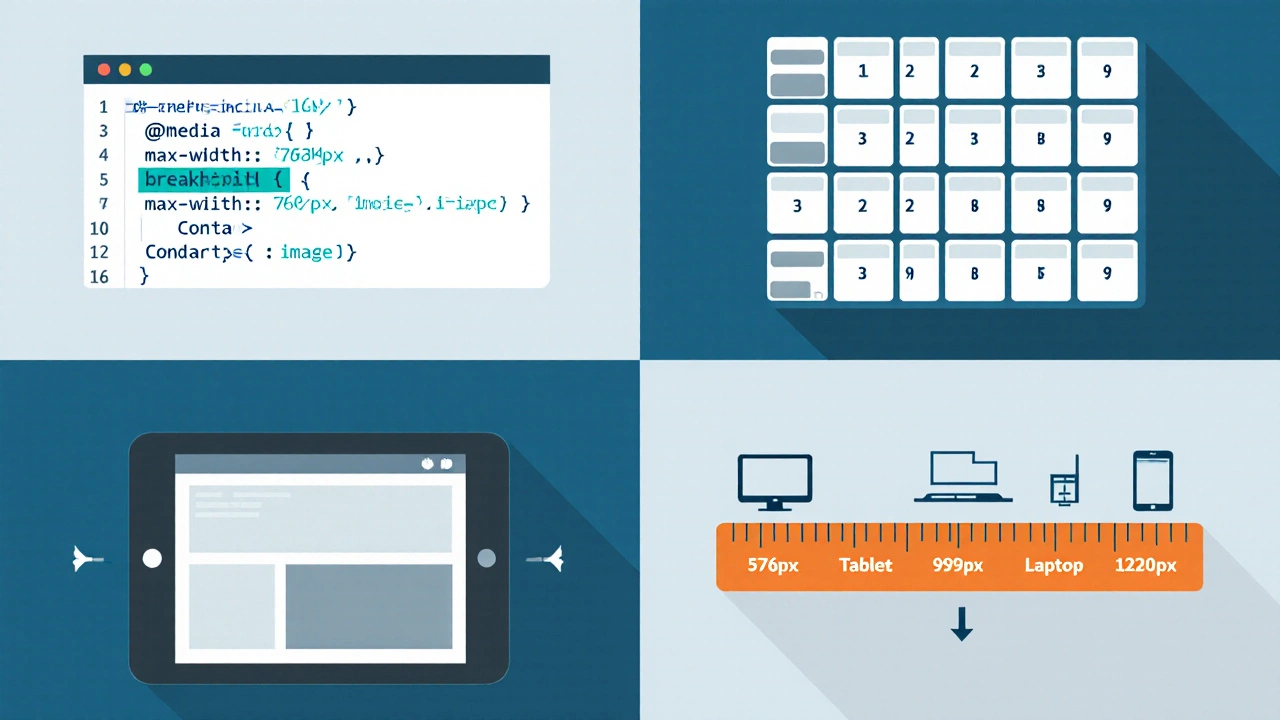 Flat illustration of media query code, fluid grid, flexible image, and breakpoint ruler with device icons.