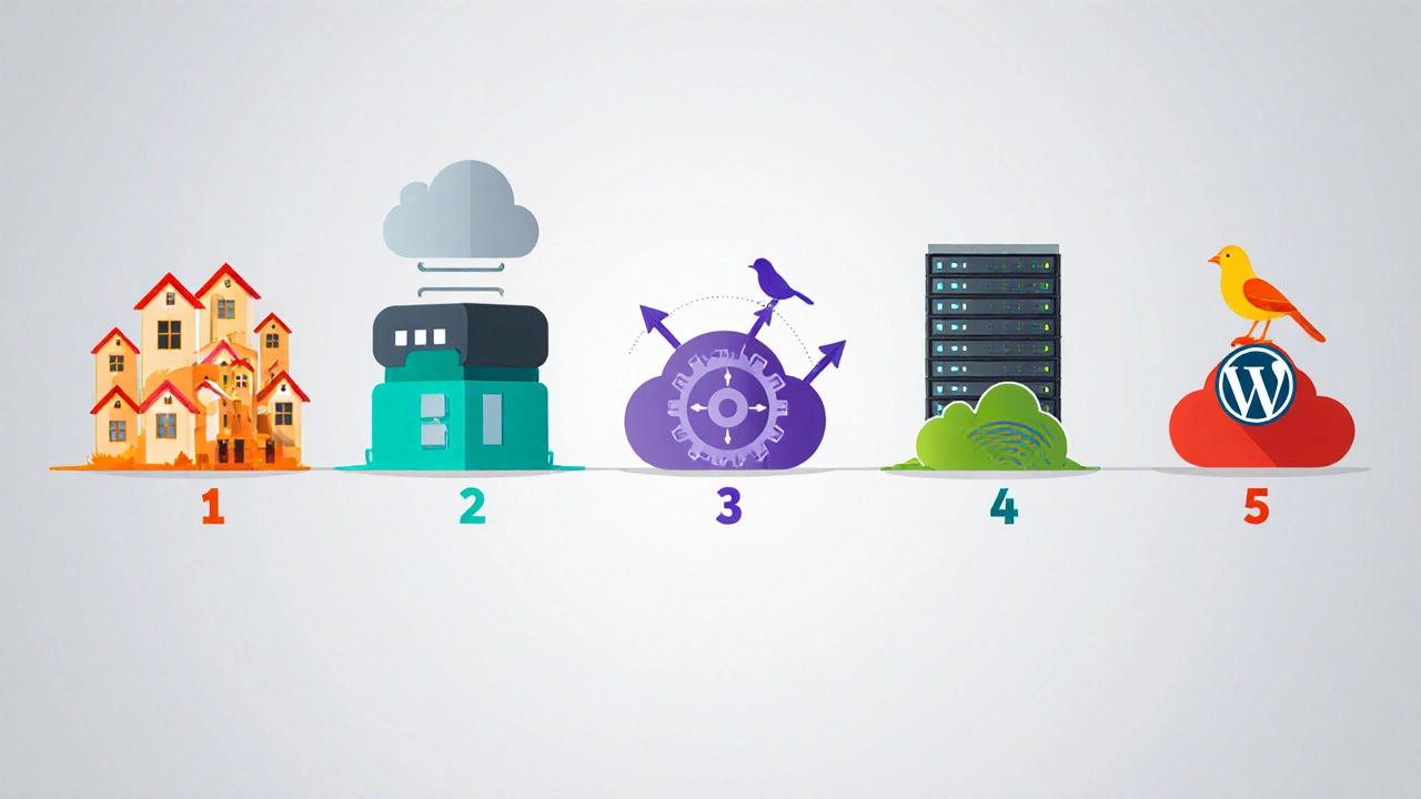 Flat illustration showing icons for shared, VPS, dedicated, cloud, and WordPress hosting.