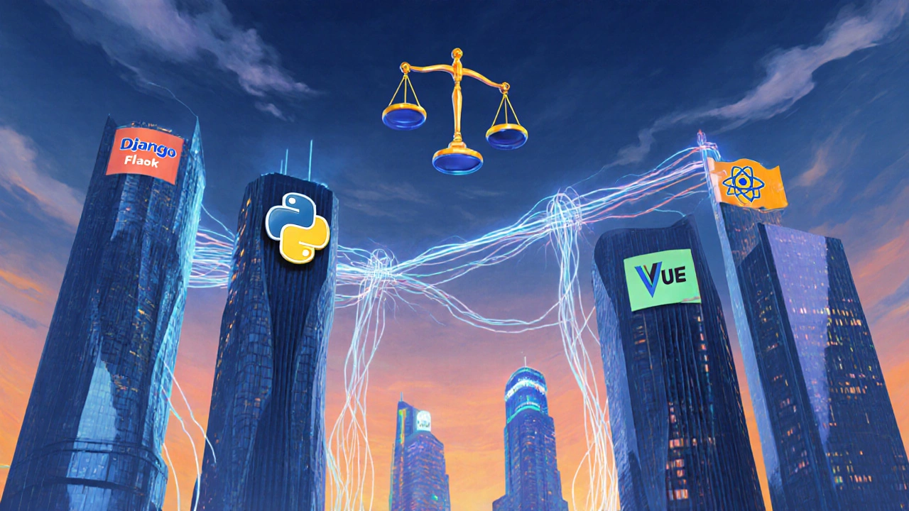 Futuristic city with Python server towers and JavaScript UI towers connected by data streams.