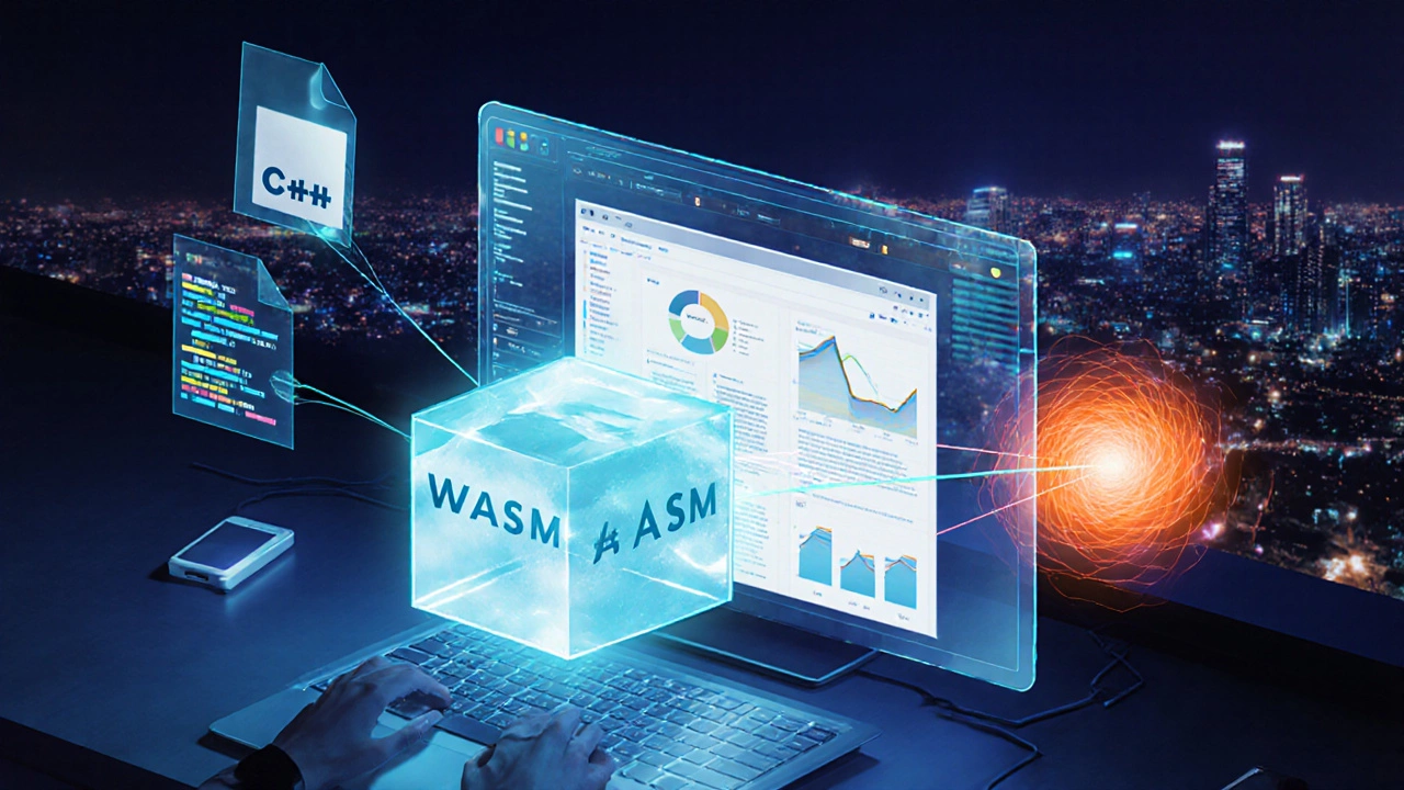 Futuristic workspace with holographic browser, WebAssembly cube linking C++ and JavaScript.