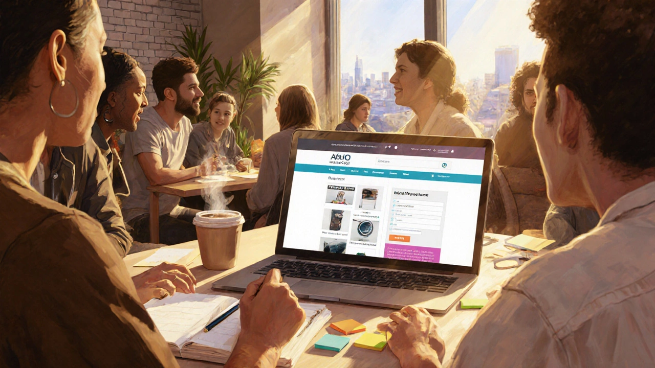 Group discussing a WordPress site over coffee, with progress checklist visible.