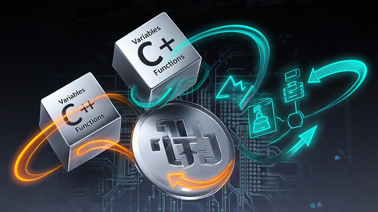 Illustration showing C++ concepts turning into JavaScript icons with flowing neon ribbons.