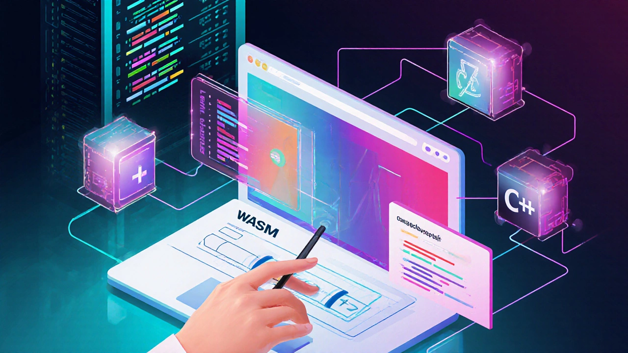 Isometric illustration of a photo editor UI using C++ WebAssembly for real‑time filters.
