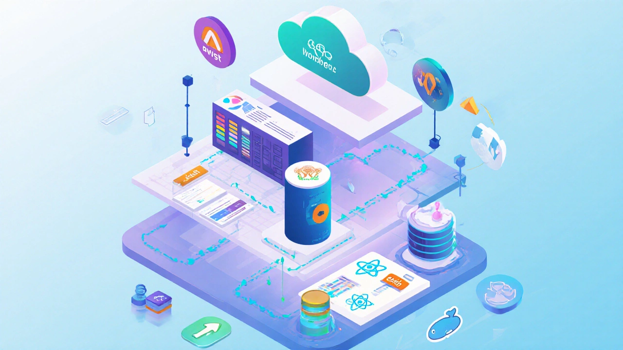 Isometric illustration showing React UI, Express API, MongoDB, and cloud deployment layers.