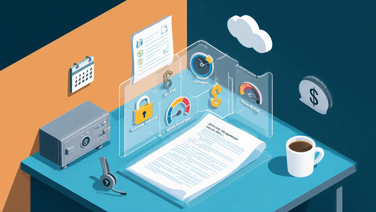 Isometric office scene displaying icons for SSL, bandwidth, storage, backup, and support.