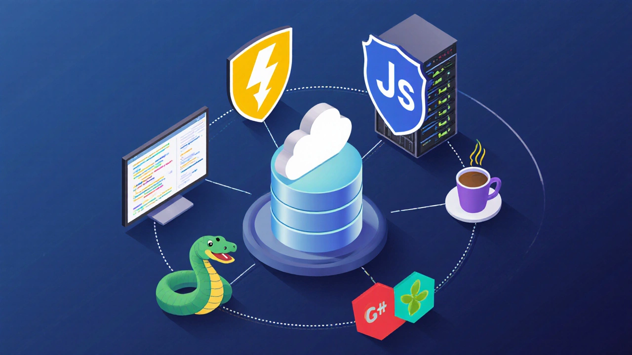 Isometric scene of language symbols orbiting a central full‑stack architecture with cloud and database.