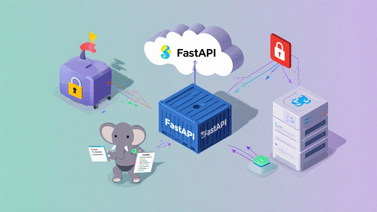 Isometric view of PHP calling a FastAPI container via HTTP, linked to Redis and MySQL.