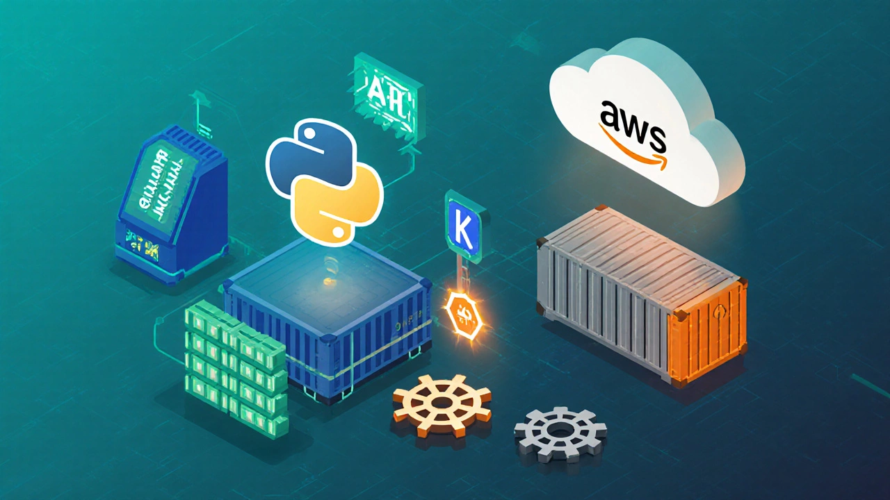 Isometric view of React frontend linking to FastAPI backend, Docker, and AWS.