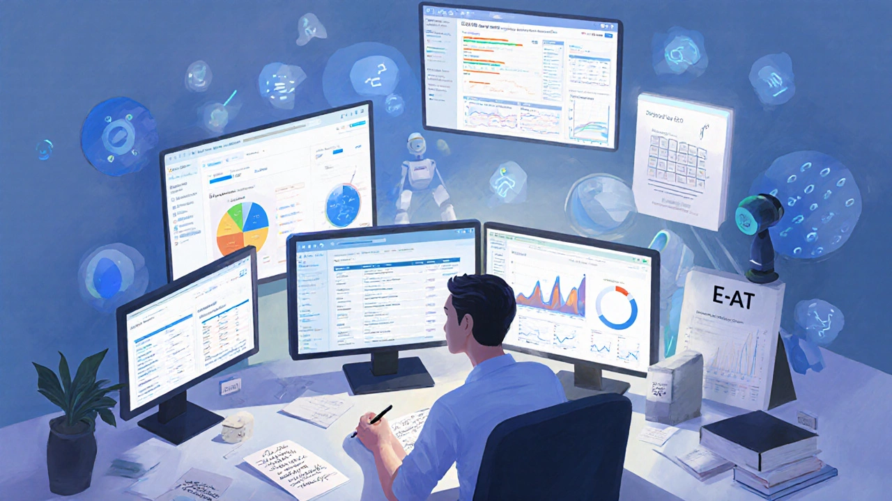 Marketer working at a computer, surrounded by AI tool interfaces and human research papers, illustrating a blended workflow.