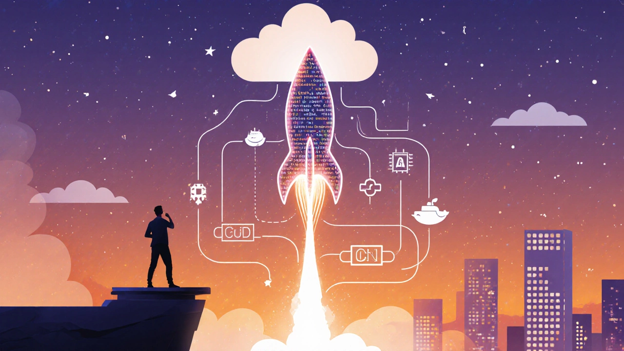 Silhouette of developer launching code‑shaped rocket toward cloud, representing deployment and growth.