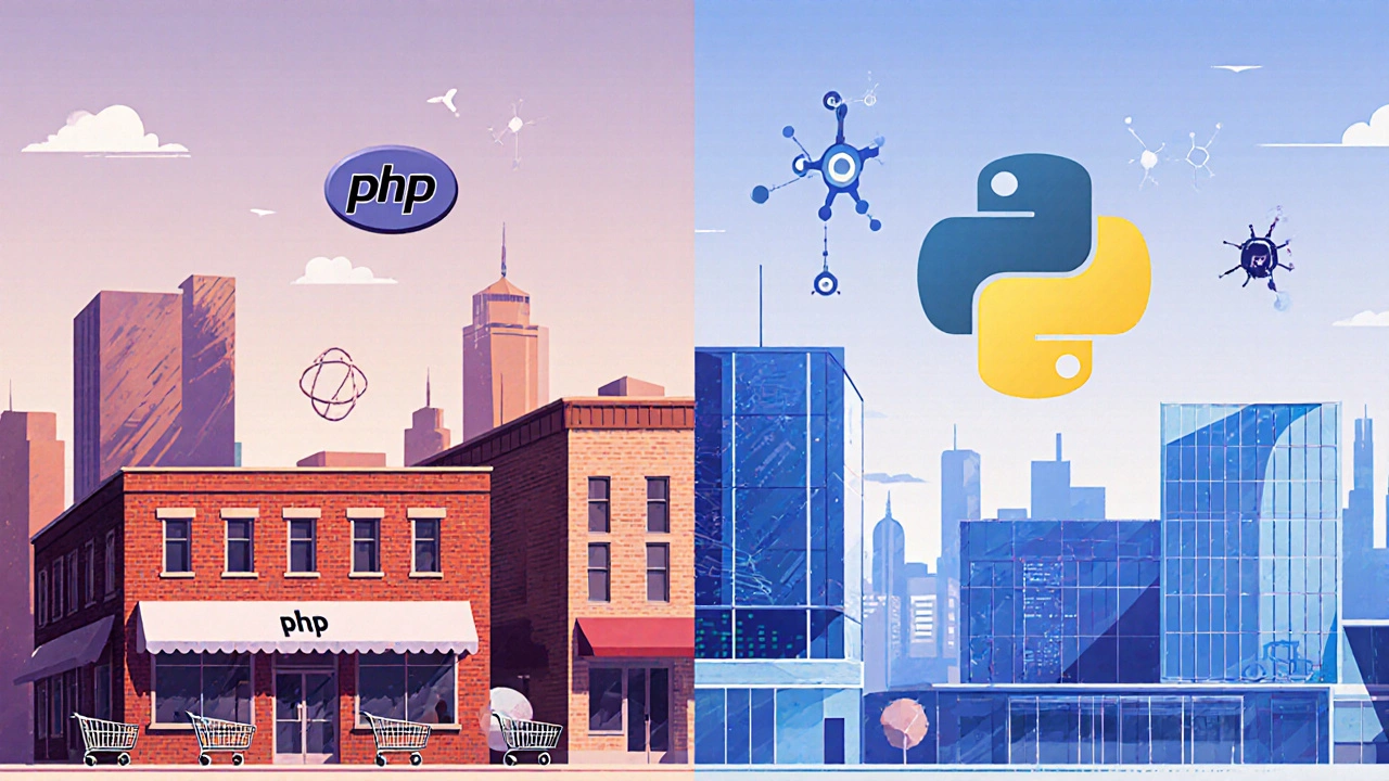 Split cityscape showing an e‑commerce area for PHP and a data‑science campus for Python.