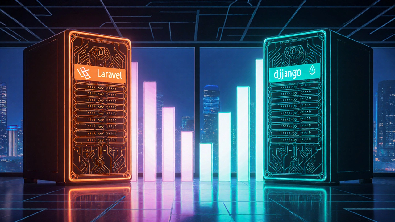 Two server racks, one representing Laravel and the other Django, with glowing performance bars.