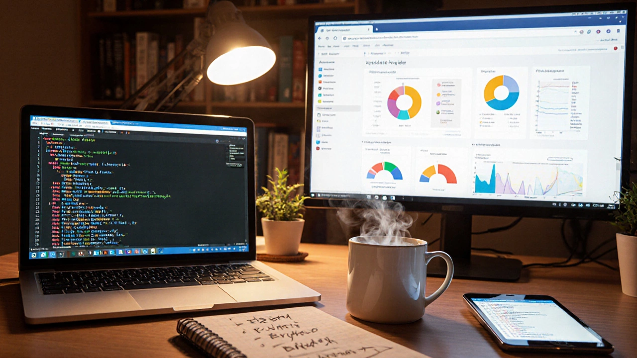 Workspace with laptop showing Python code and browser displaying data visualizations via Pyodide.